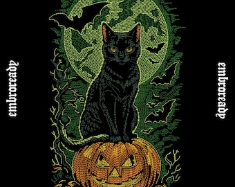 Black Cat Pumpkin Embroidery Design, Spooky Halloween Machine File (PES, DST, JEF File)