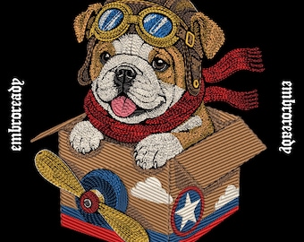 Bulldog Pilot Embroidery Design, Aviation Puppy Machine File (PES, DST, JEF File)
