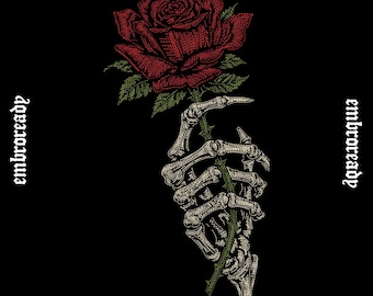 Diseño de bordado de rosa Memento Mori, patrón floral gótico de mano de esqueleto (archivos PES, DST, JEF)