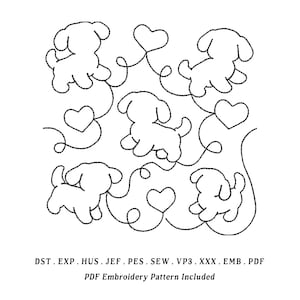 Puede incluir: Patrón de bordado en blanco y negro con cachorros y corazones estilizados. El diseño incluye varios formatos de archivo y el texto "PDF Embroidery Pattern Included".