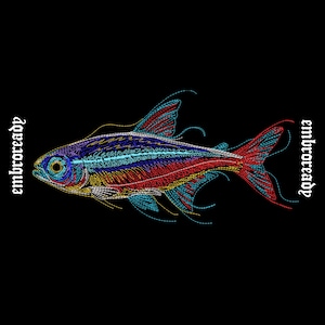 May include: Embroidered fish design with vibrant colors on a black background. The fish features blue, red, yellow, and teal details, with the word "embroready" in white gothic script on the left and right sides.