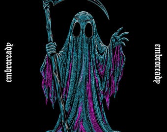 Diseño de bordado de fantasma de la Parca neón, patrón de bordado de calavera de Halloween (archivos PES, DST, JEF)