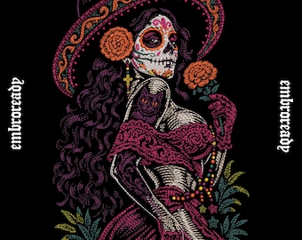 Midnight Marigold Embroidery Design, Day of the Dead Woman Embroidery File, Skull Lady Machine Embroidery, Floral Skull PES DST JEF File