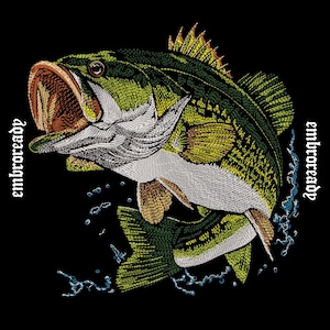 May include: An embroidered design of a largemouth bass leaping out of water, with its mouth open. The fish is detailed with green, yellow, and white thread on a black background. The word "embroready" is written vertically on the left and right sides.