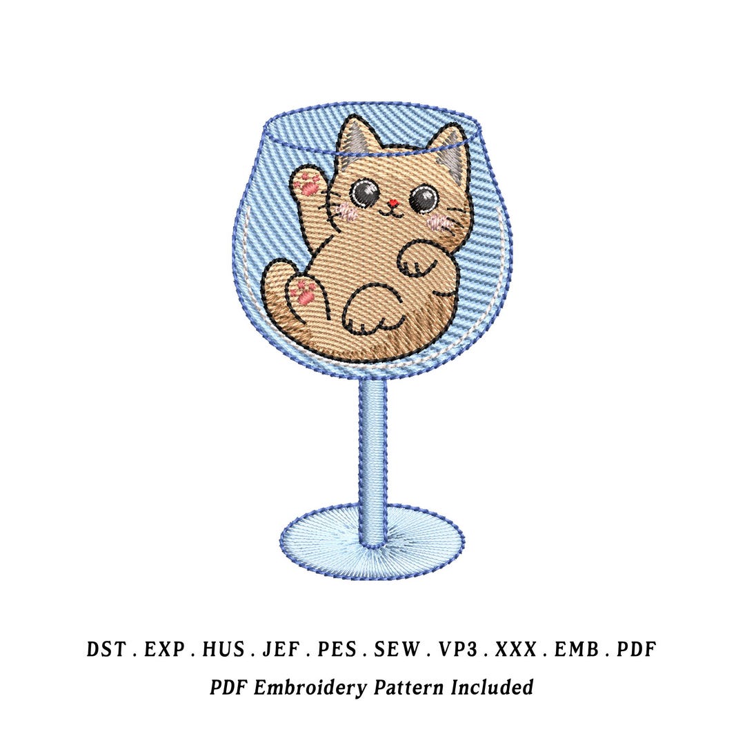Cat in the Glass Embroidery Design | Cute Cat Inside Drinking Glass ...