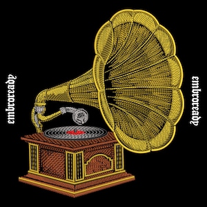 May include: An embroidered graphic of a vintage gramophone with a large golden horn and a brown wooden base. The record player features a black disc with a red center. The text "embroready" is printed on both the left and right sides in white.