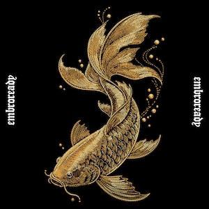May include: Gold embroidered koi fish design on a black background. The fish is detailed with scales and flowing fins, surrounded by bubbles. The word "embroready" is written vertically on both sides of the image.