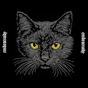 May include: A detailed black cat face with bright yellow eyes, embroidered on a black background. The cat's whiskers are long and prominent. The text "embroready" is vertically aligned on both sides of the image.
