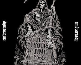 Diseño de bordado de la Parca "Es tu hora", Ángel de la muerte sentado en una lápida, patrón de bordado, descarga digital de Halloween en formato PES, DST y JEF.