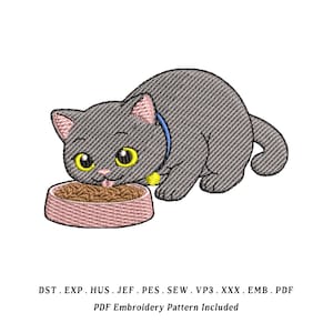 Cat Enjoys Kibble Embroidery Design | Cute Eating Cat Machine Embroidery File | Kawaii Kitty Digital Download for Shirts, Bags & Pet Lover G