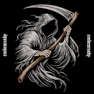 May include: An embroidered patch on a black background featuring a hooded figure in a tattered white robe holding a large scythe with a brown wooden handle. The text "embroready" is stitched in white on both the left and right sides of the figure.