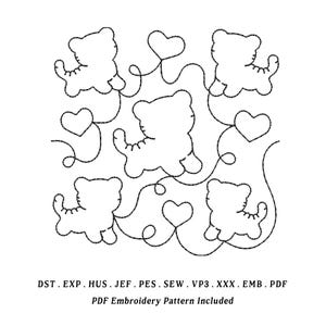 May include: Black and white embroidery pattern featuring five stylized bear figures connected by curved lines and hearts. The text at the bottom reads "PDF Embroidery Pattern Included."