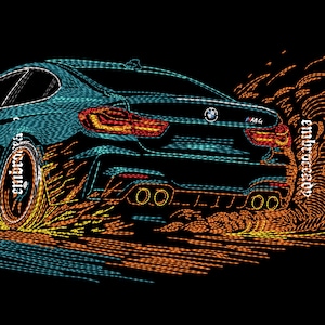 May include: A digitally illustrated black BMW M4 car, with teal and orange detailing, and the word "embroidered" on the tire. The car's rear is shown, with exhaust pipes and taillights, set against a black backdrop.