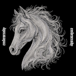 May include: A detailed black and white illustration of a horse's head in profile. The horse has a flowing mane and the word "embroready" is printed vertically on either side of the image in a gothic font.