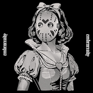 May include: A black and white embroidered graphic featuring a figure wearing a hockey mask and a bow in their hair. The figure wears a dress with a heart-shaped detail at the neckline and puffed sleeves. The text embroready appears on both sides.