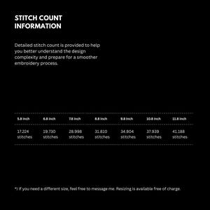 Pode incluir: Uma tabela informativa preta intitulada STITCH COUNT INFORMATION. Lista contagens de pontos de bordado para sete tamanhos variando de 5,8 a 11,8 polegadas, com valores de 17.224 a 41.188 pontos. Inclui uma nota sobre servi&ccedil;os de redimensionamento.