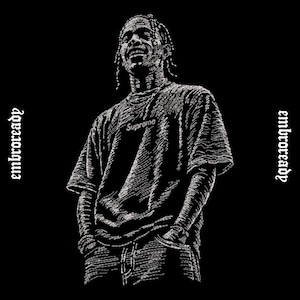 May include: Black and white illustration of a person wearing a t-shirt with the word "Supreme" on it. The image has the word "embroready" on the left and right sides. The person is smiling and has their hands in their pockets.