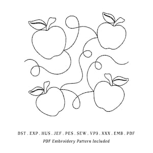May include: Black and white line drawing of four apples with leaves, connected by swirling vines. The text at the bottom reads "PDF Embroidery Pattern Included."