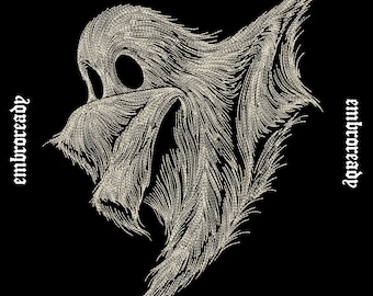 Diseño de bordado de rostro fantasmal con cabello suelto, patrón gótico de terror (archivos PES, DST, JEF)