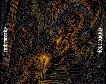 Clash of Magic Dragon Embroidery Design, Fantasy Wizard Battle Pattern (PES, DST, JEF File)