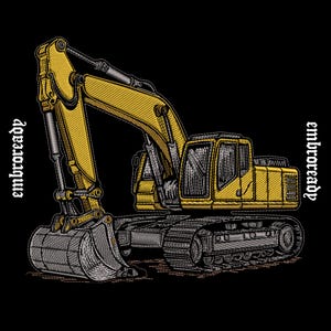 May include: An embroidered patch featuring a yellow excavator with a grey bucket and tracks. The design includes the text "embroready" written vertically on both the left and right sides of the construction vehicle against a black background.