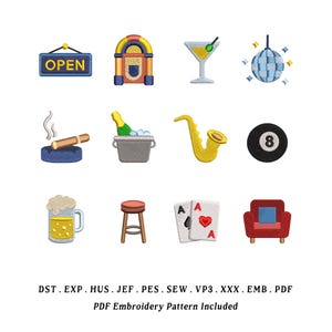 May include: Embroidery pattern featuring various bar and entertainment-themed designs. Includes an "OPEN" sign, jukebox, martini, disco ball, cigar, champagne bucket, saxophone, 8-ball, beer mug, stool, playing cards, and a red armchair.