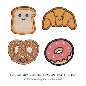 Puede incluir: Cuatro parches bordados con alimentos sonrientes: una rebanada de pan tostado, un cruasán, un pretzel y una rosquilla con glaseado rosa. El texto en la parte inferior dice: DST. EXP. HUS. JEF. PES. SEW. VP3. XXX. EMB. PDF PDF Embroidery Pattern Included.
