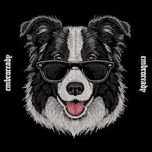 May include: An embroidered graphic of a black and white border collie dog wearing black sunglasses. The dog has a white blaze on its forehead and a pink tongue visible. The text "embroready" is printed vertically on both the left and right sides.