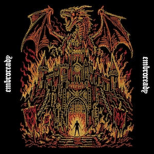 Diseño de bordado Castillo del Dragón en Fuego, Archivo para máquina de bordar estilo medieval fantástico (archivos PES, DST, JEF)