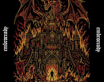 Dragon Castle Fire Embroidery Design, Fantasy Medieval Machine File (PES, DST, JEF File)