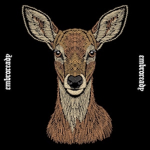 May include: An embroidered deer head portrait in shades of brown, tan, and cream against a solid black background. The text "embroready" is stitched in white on both the left and right sides of the deer, featuring detailed thread work.
