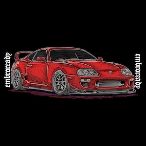 May include: A red Toyota Supra sports car illustration rendered in an embroidered style against a black background. The text "embroready" is written vertically in a gothic font on both the left and right sides of the vehicle graphic.