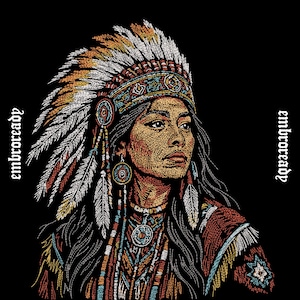 Op de afbeelding: Geborduurd portret van een inheemse Amerikaanse vrouw met een gevederde hoofdtooi, oorbellen en een ketting. De afbeelding bevat de tekst "embroready" aan de linker- en rechterkant. Het kleurenpalet omvat tinten bruin, oranje, blauw en wit tegen een zwarte achtergrond.
