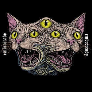 Diseño de bordado de gato con tercer ojo / Parche de arte abstracto surrealista / Archivo para máquina PES DST JEF estilo galería moderna
