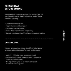 Pode incluir: Um gr&aacute;fico informativo preto com texto branco intitulado PLEASE READ BEFORE BUYING e USAGE LICENSE. Especifica que &eacute; um arquivo de bordado digital, nenhum item f&iacute;sico &eacute; enviado, uma m&aacute;quina de bordar &eacute; necess&aacute;ria e inclui termos para uso comercial at&eacute; 200 vendas, com o nome da marca embroready escrito verticalmente no lado direito.