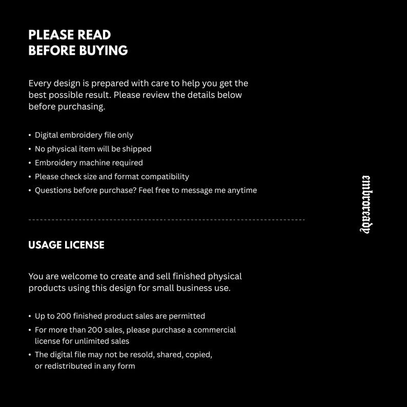 Pode incluir: Um gr&aacute;fico informativo preto com texto branco intitulado PLEASE READ BEFORE BUYING e USAGE LICENSE. Especifica que &eacute; um arquivo de bordado digital, nenhum item f&iacute;sico &eacute; enviado, uma m&aacute;quina de bordar &eacute; necess&aacute;ria e inclui termos para uso comercial at&eacute; 200 vendas, com o nome da marca embroready escrito verticalmente no lado direito.