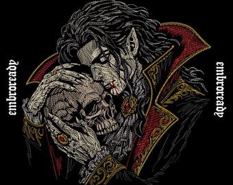 Embrace of the Damned Embroidery Design, Vampire Skull Gothic Horror (PES, DST, JEF File)