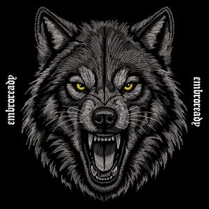 May include: An embroidered patch featuring a snarling wolf head with detailed grey and white fur textures, piercing yellow eyes, and an open mouth showing teeth. The text "embroready" is written in a gothic font on both the left and right sides.