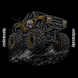 May include: Black graphic of a monster truck with a skull design. The truck has large tyres and is splashing water. The text "EMBROREADY" is on the left and right sides of the image.