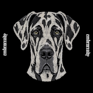 May include: Embroidered portrait of a Great Dane dog with a black and white pattern on a black background. The dog's eyes are a light yellow-green color. The word "embroready" is written vertically on both sides of the image.