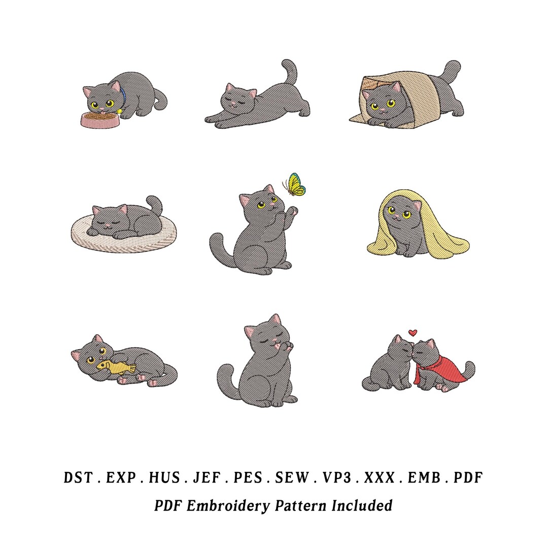 Cute Lazy Cat Daily Life Bundle Embroidery Designs – Kawaii Cat Bundle ...