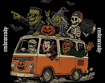 Spooky Season Cruise Embroidery Design, Halloween Ghosts Van Machine File (PES, DST, JEF File)