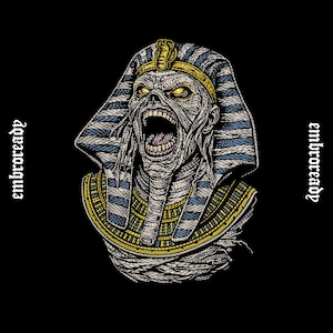 May include: An illustration of a screaming mummy wearing a pharaoh's headdress and collar, with the text "embroready" on either side. The mummy is depicted in shades of white, blue, and yellow against a black background.