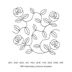 以下が含まれることがあります： 黒と白の刺繍パターン。つる状の茎にバラと葉が描かれています。デザインには4つのバラと多数の葉が含まれています。下部のテキストには「PDF Embroidery Pattern Included」と書かれています。
