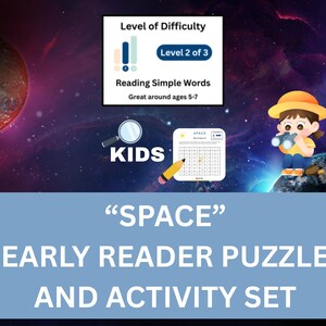 Woordzoeker in de ruimte voor kinderen van 5-7 jaar | Afdrukbare puzzel + bonusactiviteit | Eenvoudige woorden lezen | Spelling en focus zonder scherm | Pdf