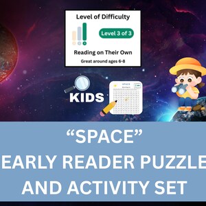 May include: A space-themed early reader puzzle and activity set for kids. The graphic features a difficulty level indicator, a magnifying glass, a pencil, a word search grid, and an illustration of a child with binoculars against a cosmic background.