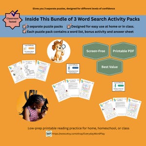 Op de afbeelding: Een bundel van drie woordzoekpakketten met printbare werkbladen, woordenlijsten, bonusactiviteiten en antwoordbladen. Bevat een cartoonhond met een vergrootglas, moeilijkheidsgraden en de tekst Inside This Bundle of 3 Word Search Activity Packs, Screen-Free, Printable PDF en Best Value.
