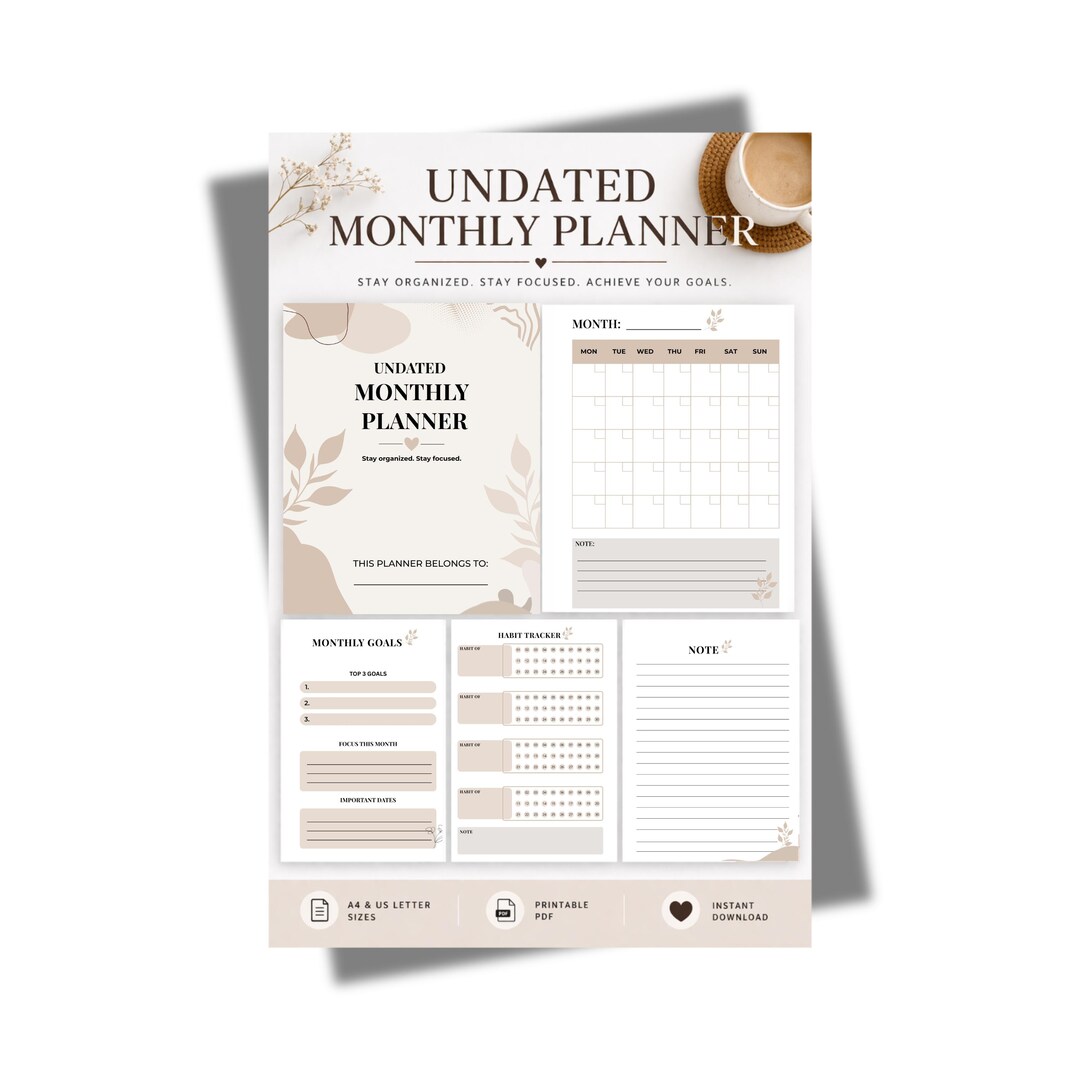 Undated Monthly Planner Printable PDF, Minimalist Habit Tracker ...