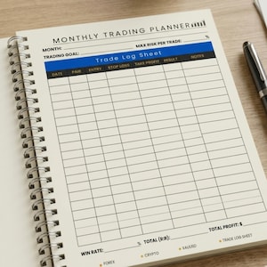 Op de afbeelding: Crèmekleurig spiraalgebonden notitieboek met een "Monthly Trading Planner" lay-out. De pagina bevat secties voor "Trade Log Sheet", "Date", "Pair", "Entry", "Stop Loss", "Take Profit" en "Result". Een zwarte pen ligt ernaast.