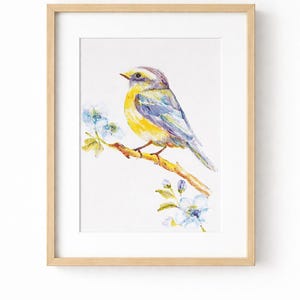 May include: Watercolor painting of a small bird with yellow, blue, and purple feathers perched on a branch with light blue flowers. The artwork is framed in a light wood frame.
